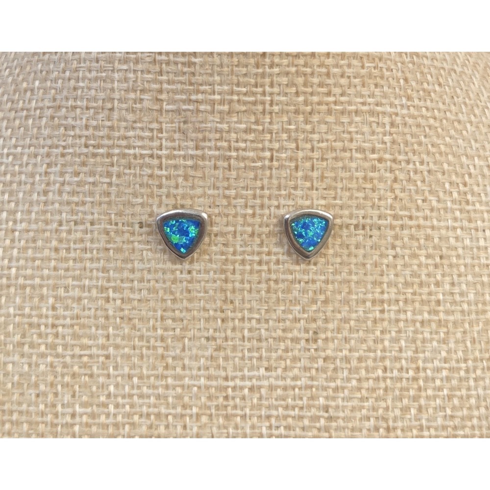 Beautiful Sterling Silver & Opal Inlay Triangle Stud Earrings Signed 925 SGW